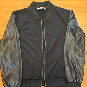 Michael Kors Black Bomber Jacket with Leather Sleeves